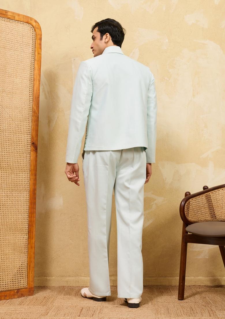 Sky Blue Embroidered Velvet Jacket Pant Set Men - Indya