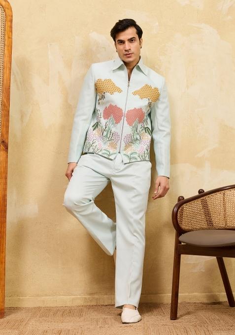 Sky Blue Embroidered Velvet Jacket Pant Set Men