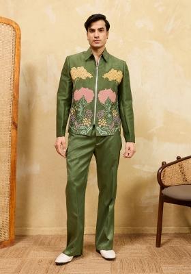 Green Embroidered Velvet Jacket Pant Set Men