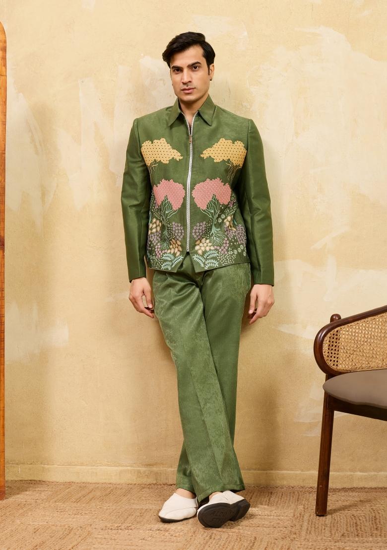 Green Embroidered Velvet Jacket Pant Set Men - Indya