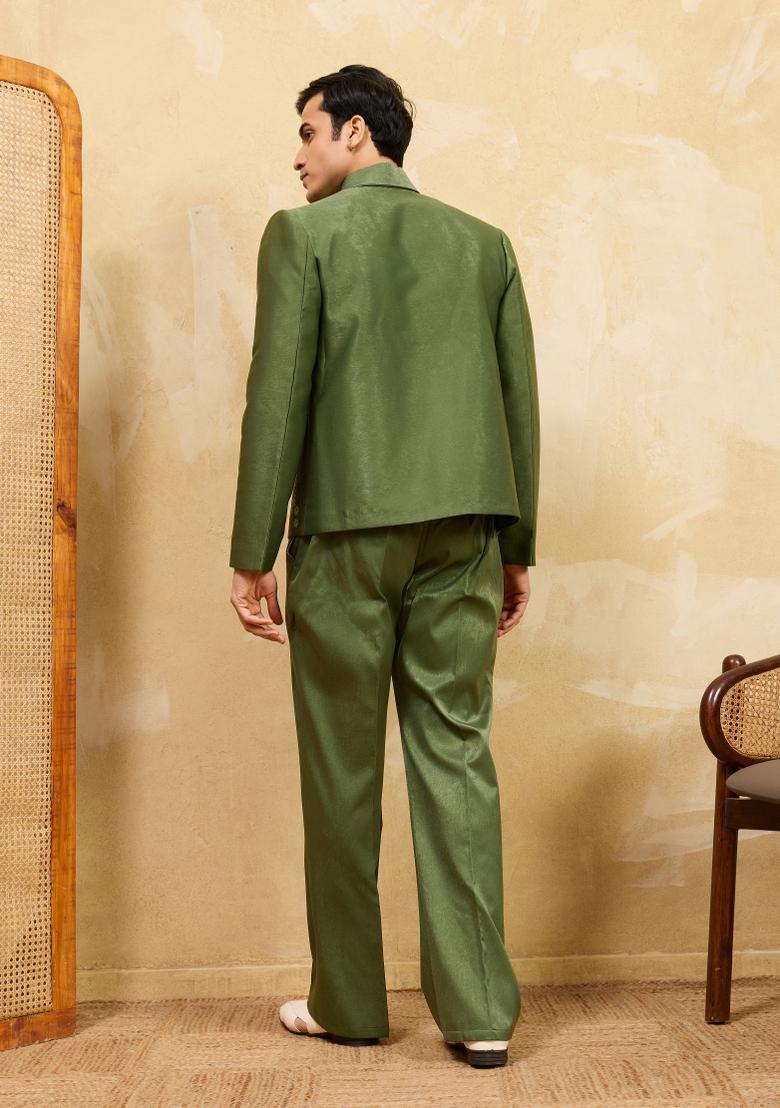 Green Embroidered Velvet Jacket Pant Set Men - Indya