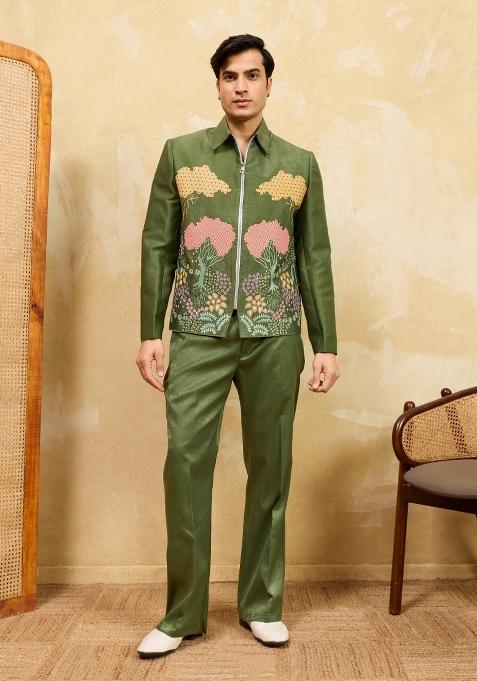Green Embroidered Velvet Jacket Pant Set Men