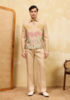 Beige Embroidered Velvet Jacket Pant Set Men