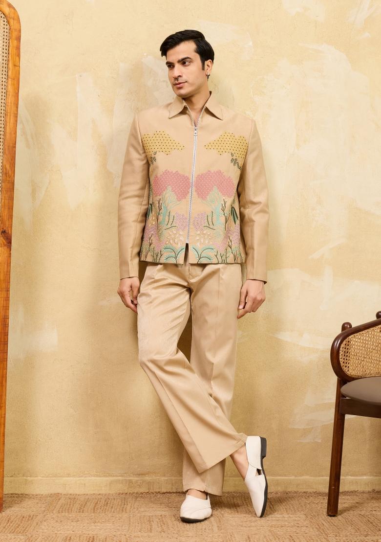 Beige Embroidered Velvet Jacket Pant Set Men - Indya
