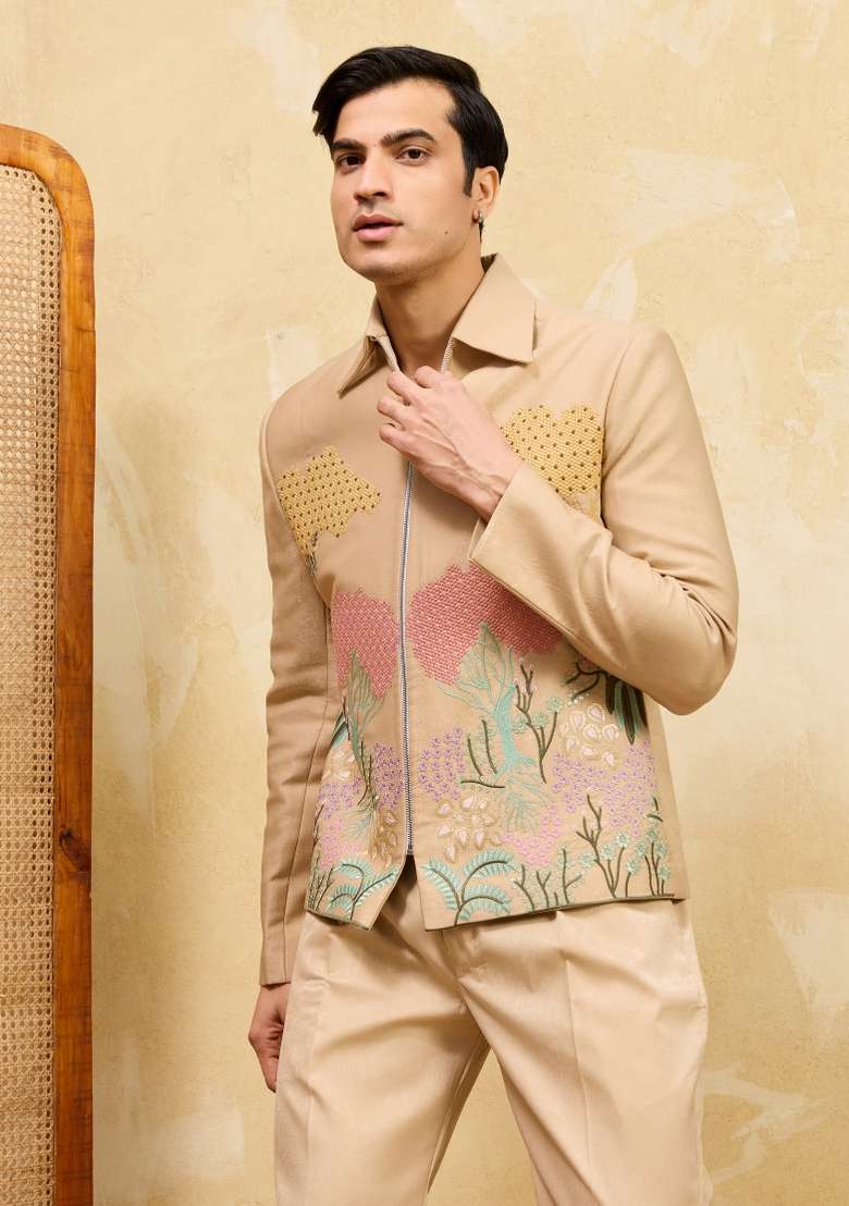 Beige Embroidered Velvet Jacket Pant Set Men - Indya