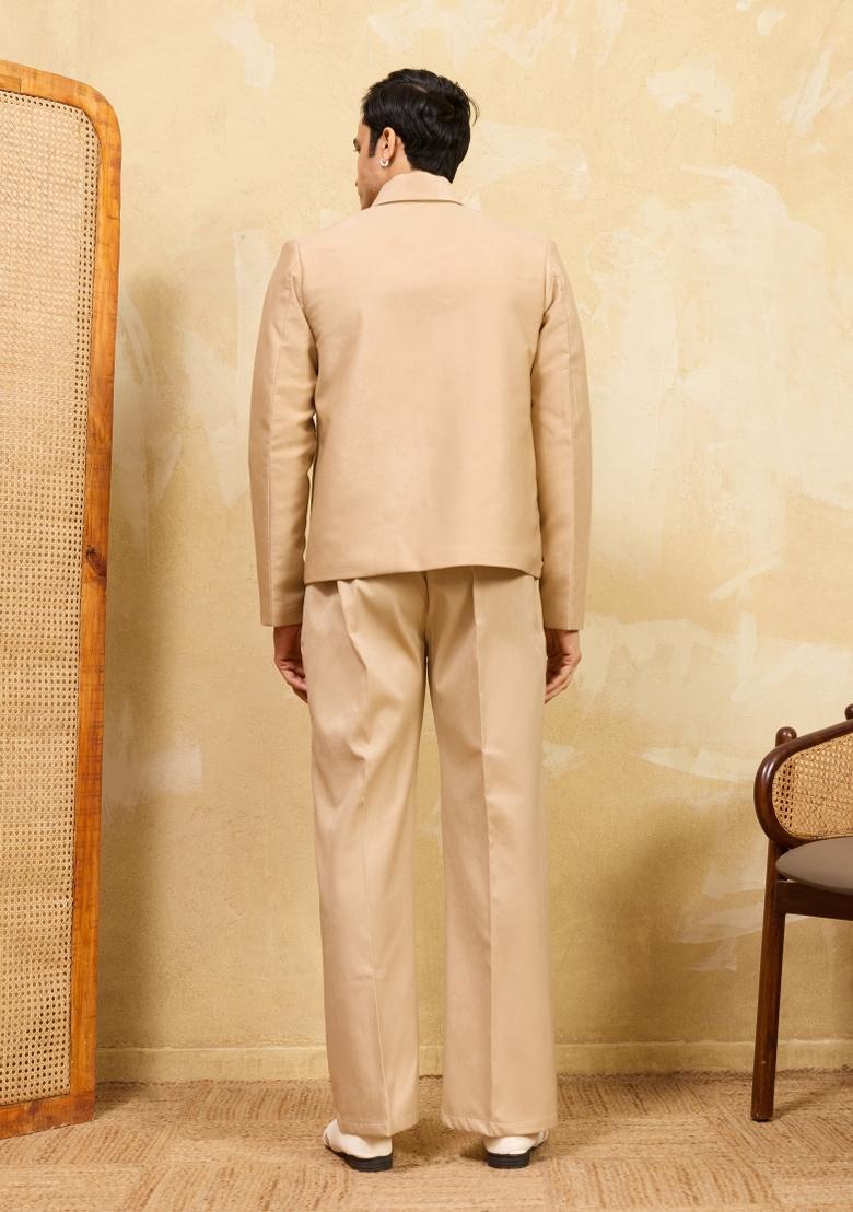 Beige Embroidered Velvet Jacket Pant Set Men - Indya