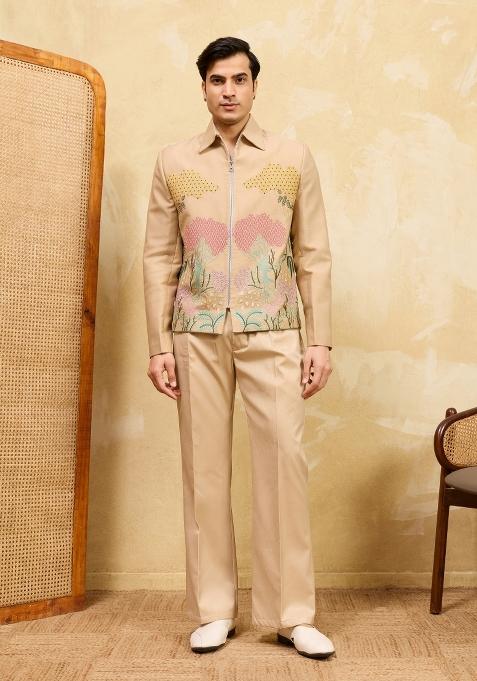 Beige Embroidered Velvet Jacket Pant Set Men
