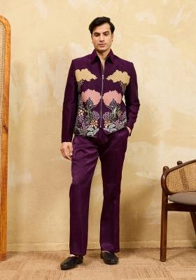 Purple Embroidered Velvet Jacket Pant Set Men