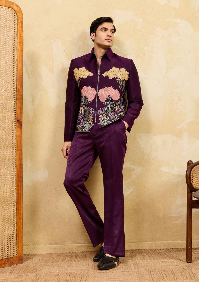 Purple Embroidered Velvet Jacket Pant Set Men - Indya
