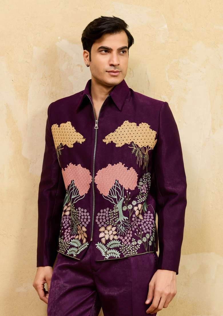 Purple Embroidered Velvet Jacket Pant Set Men - Indya
