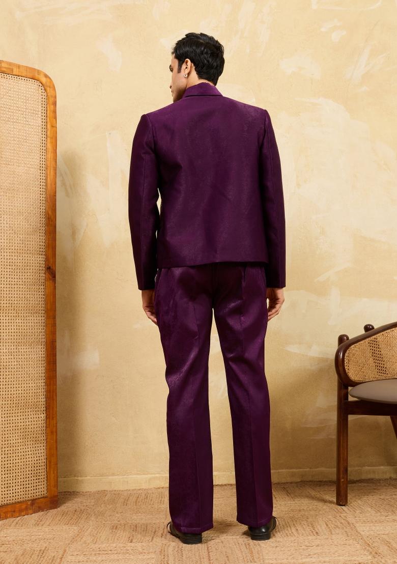 Purple Embroidered Velvet Jacket Pant Set Men - Indya