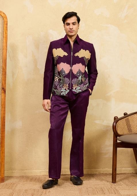Purple Embroidered Velvet Jacket Pant Set Men