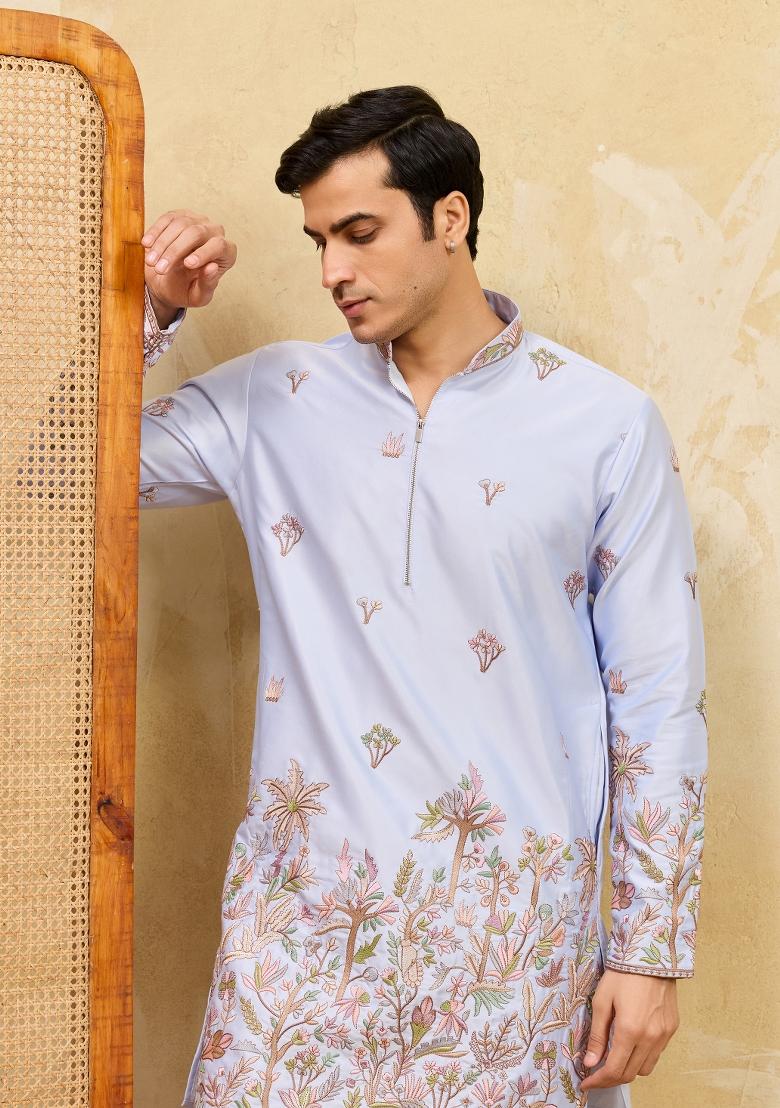 Sky Blue Embroidered Silk Blend Kurta For Men - Indya
