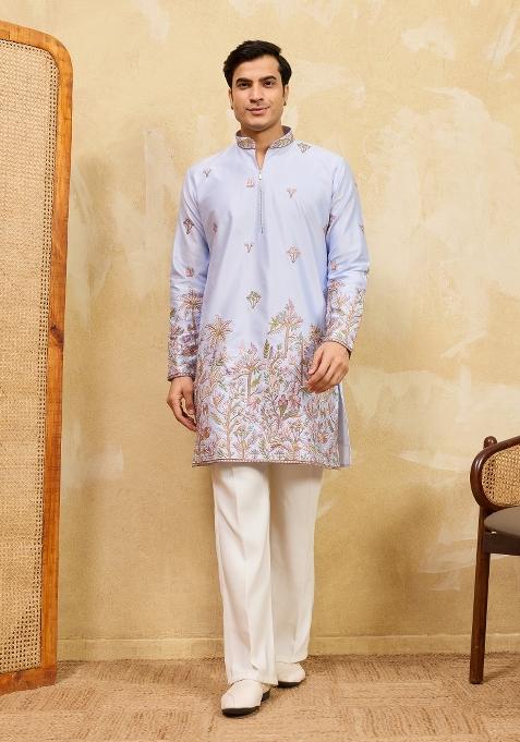 Sky Blue Embroidered Silk Kurta For Men
