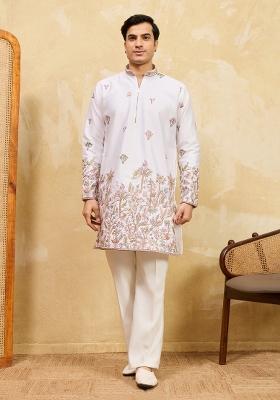 White Embroidered Silk Blend Kurta For Men