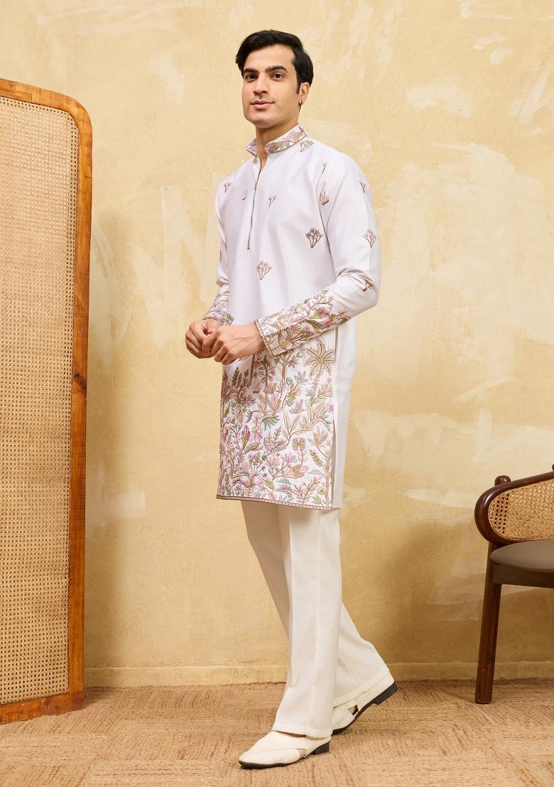 White Embroidered Silk Blend Kurta For Men - Indya
