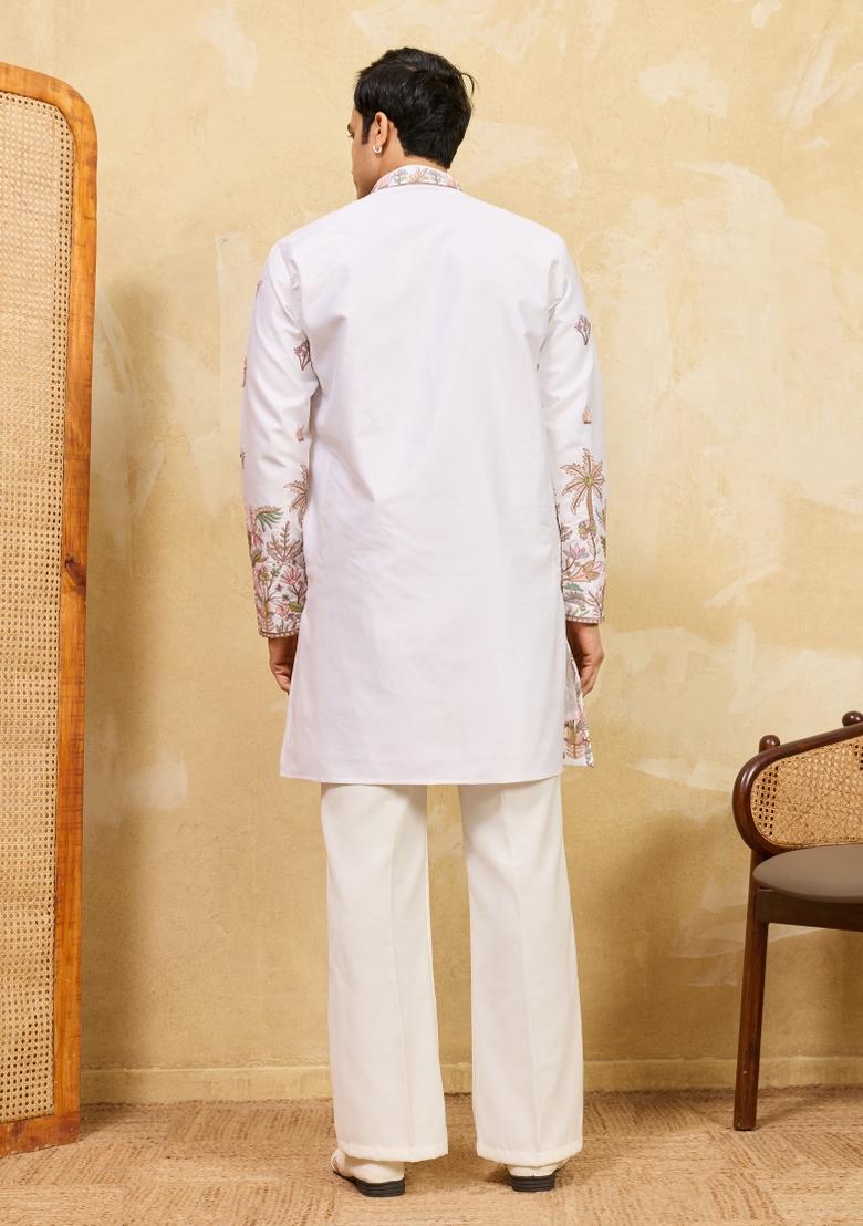 White Embroidered Silk Blend Kurta For Men - Indya