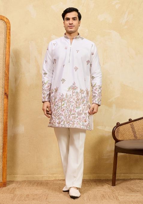White Embroidered Silk Kurta For Men