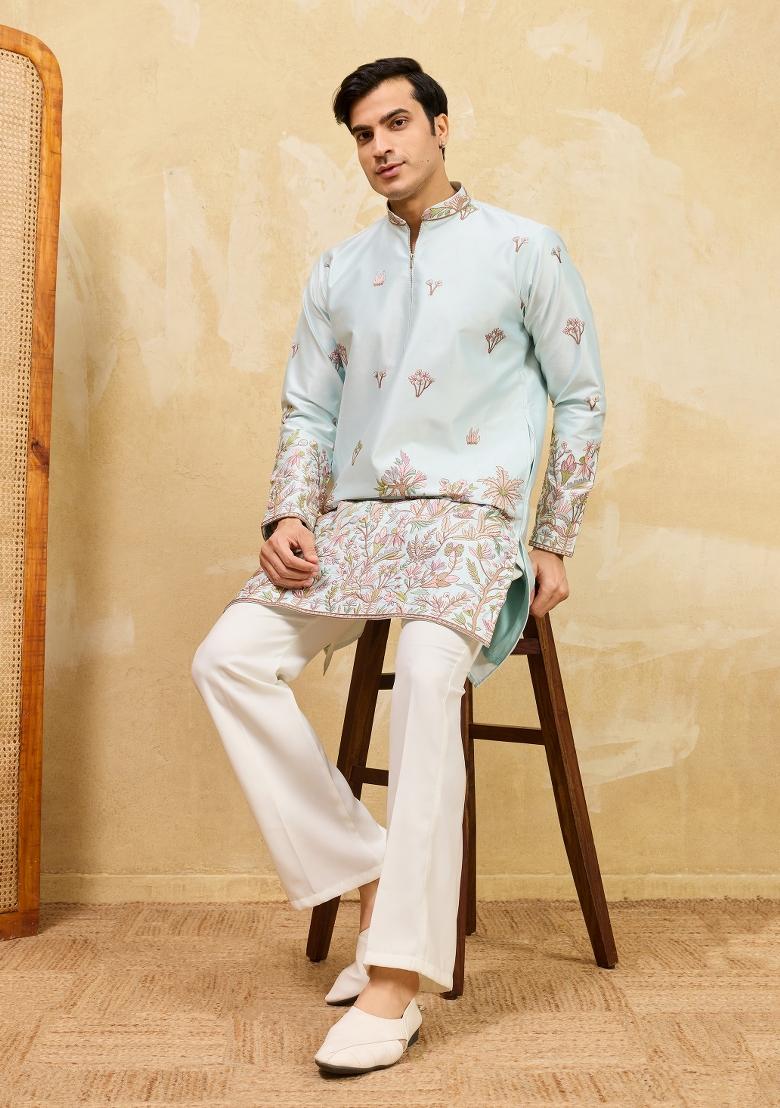 Pista Green Embroidered Silk Blend Kurta For Men - Indya
