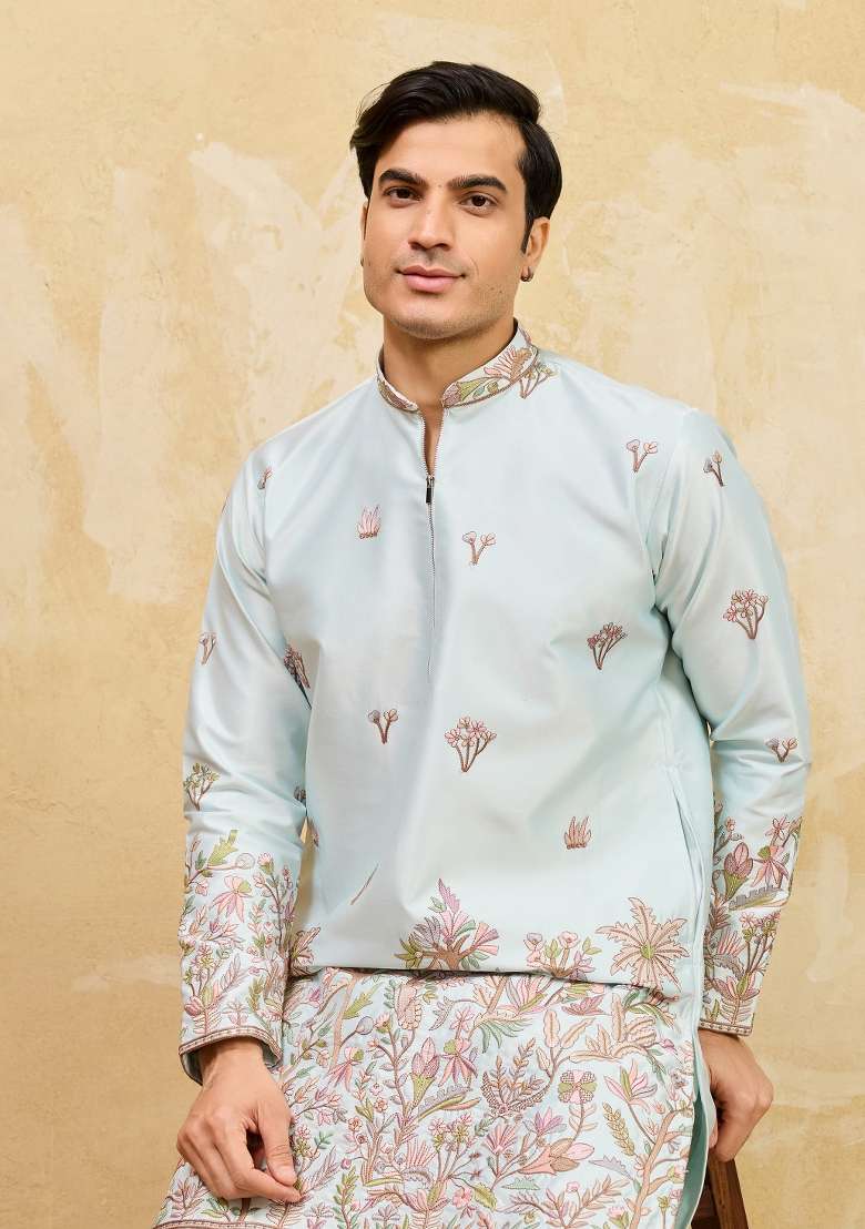 Pista Green Embroidered Silk Blend Kurta For Men - Indya