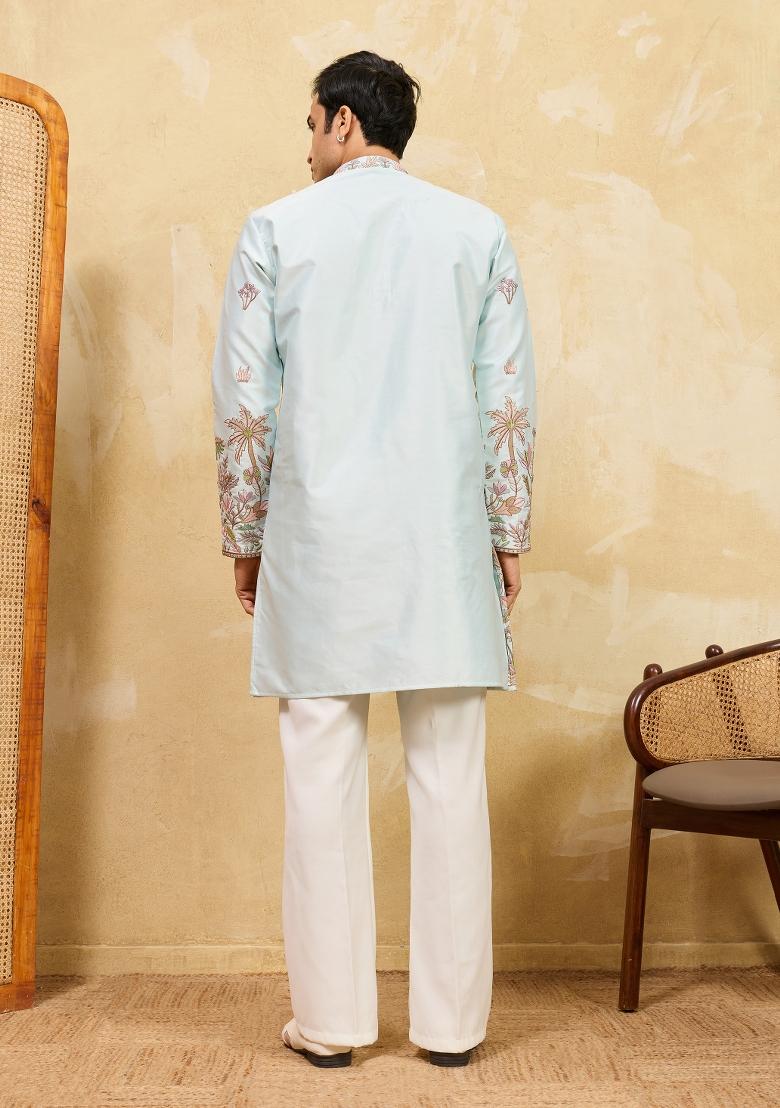 Pista Green Embroidered Silk Blend Kurta For Men - Indya