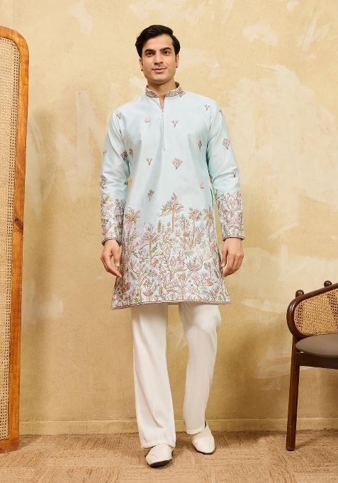 Pista Green Embroidered Silk Kurta For Men