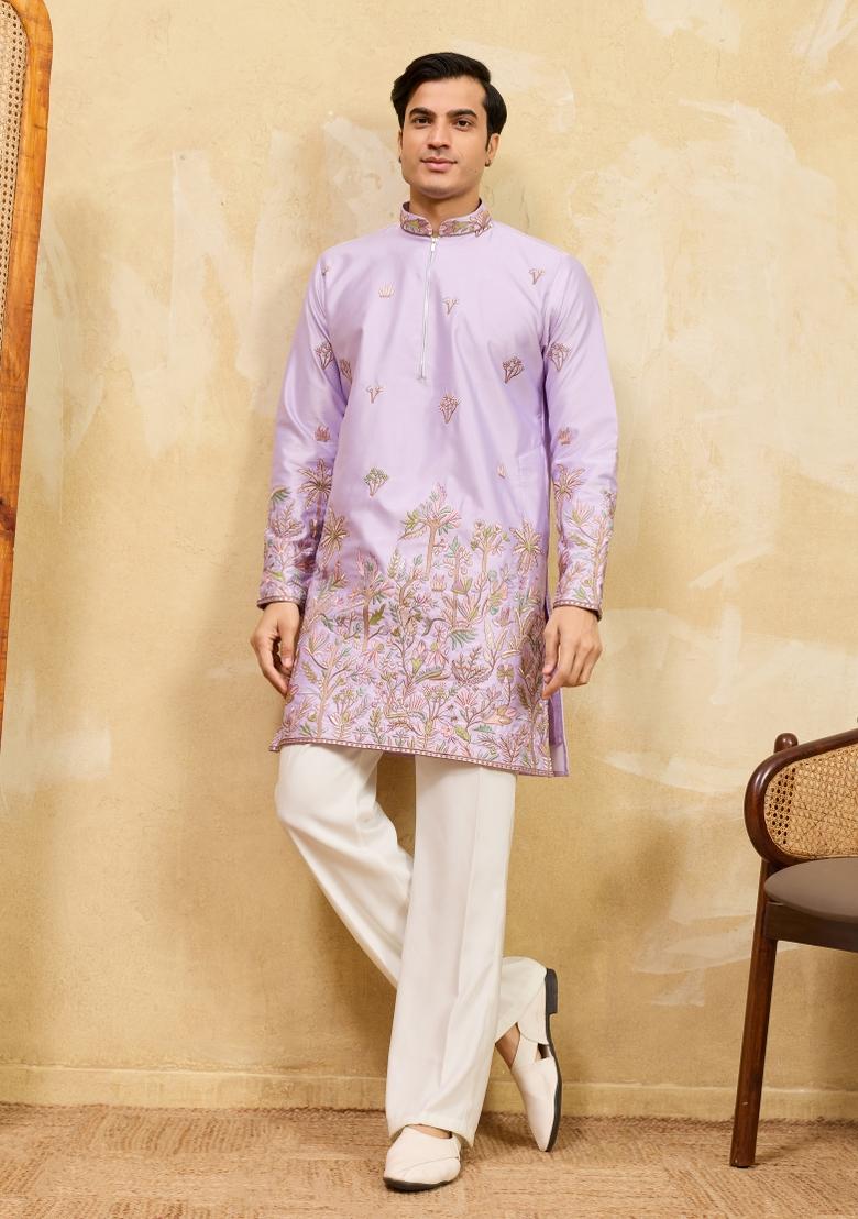 Lavender Embroidered Silk Blend Kurta For Men - Indya