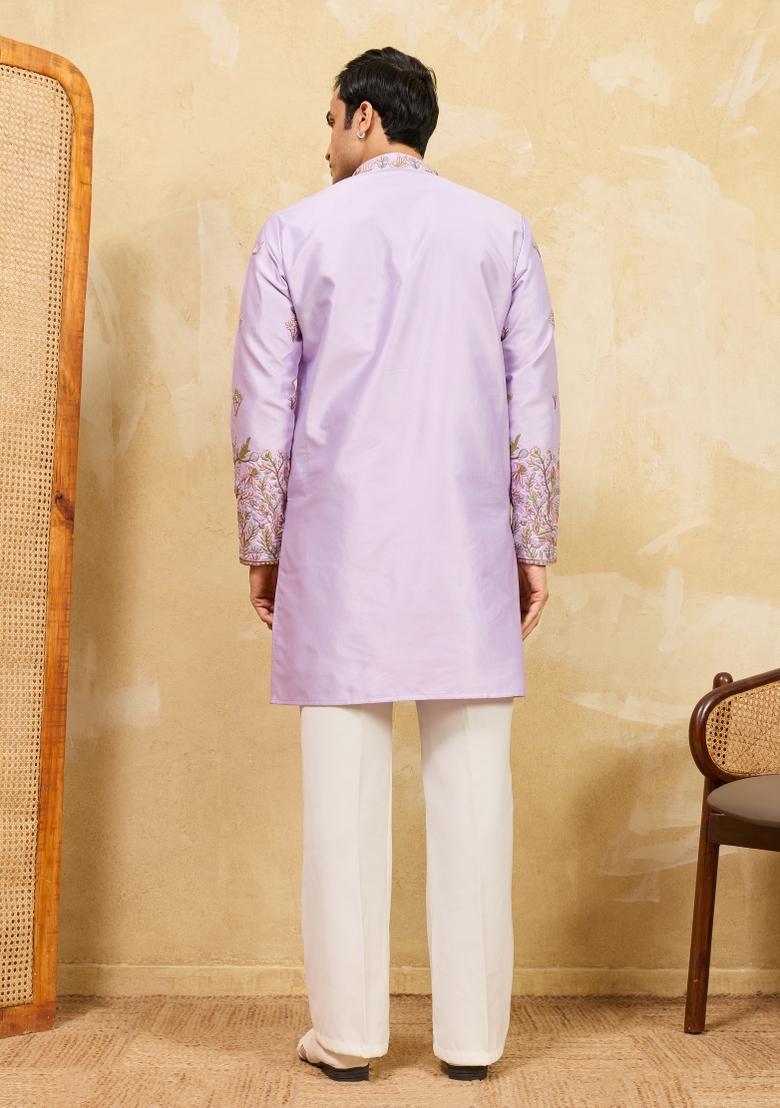 Lavender Embroidered Silk Blend Kurta For Men - Indya