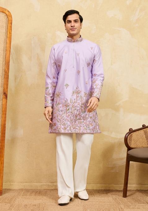 Lavender Embroidered Silk Kurta For Men