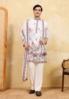 White Embroidered Silk Blend Kurta With Dupatta For Men