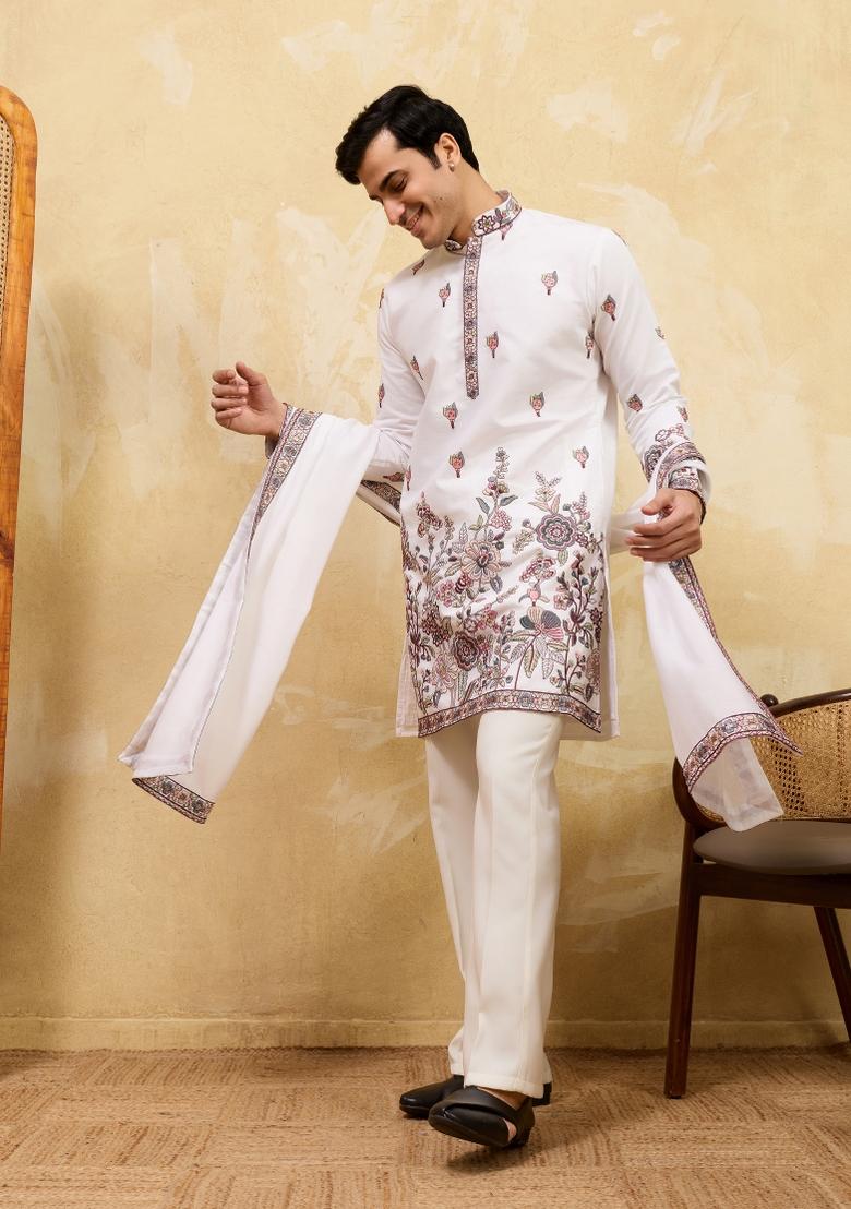 White Embroidered Silk Blend Kurta With Dupatta For Men - Indya
