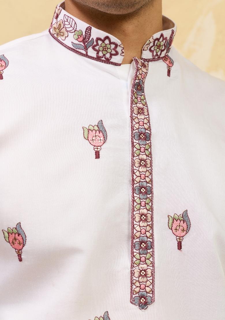 White Embroidered Silk Blend Kurta With Dupatta For Men - Indya