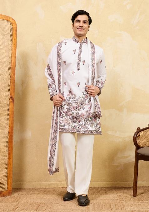White Embroidered Silk Kurta With Dupatta For Men