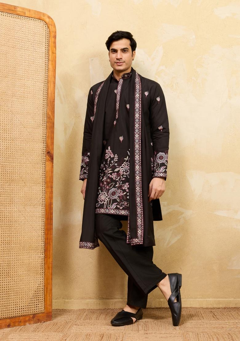 Black Embroidered Silk Blend Kurta With Dupatta For Men - Indya