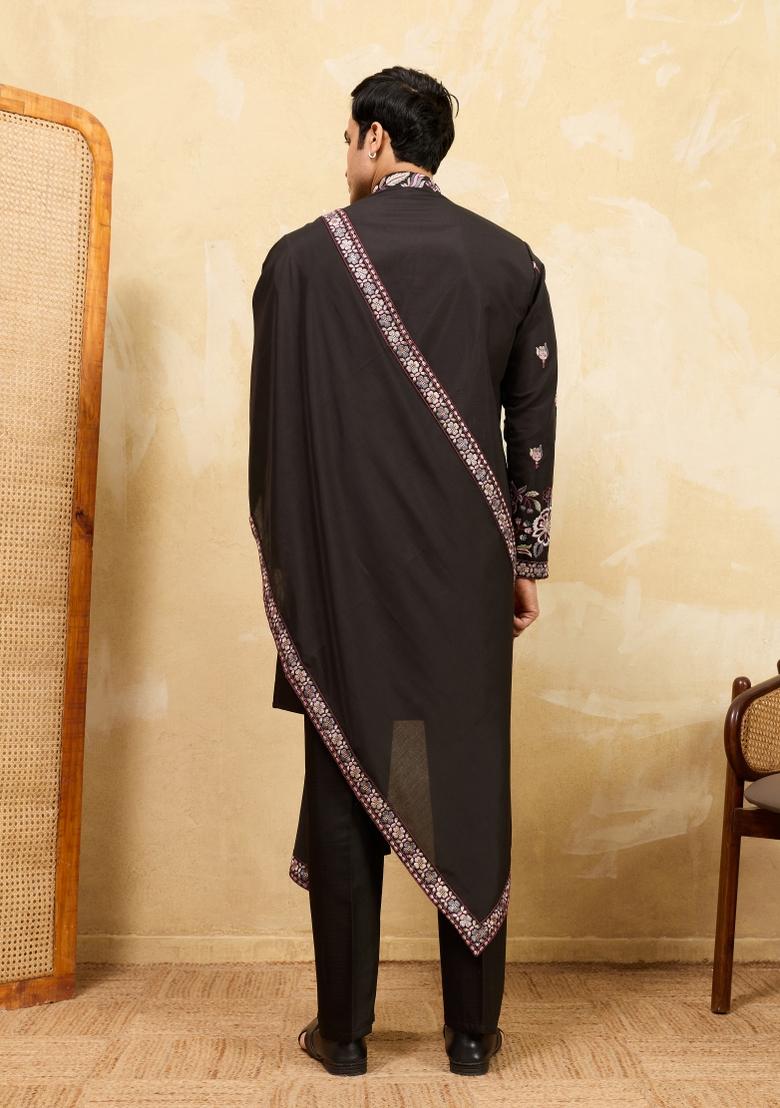 Black Embroidered Silk Blend Kurta With Dupatta For Men - Indya
