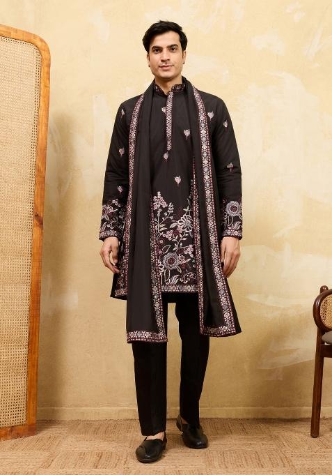 Black Embroidered Silk Kurta With Dupatta For Men