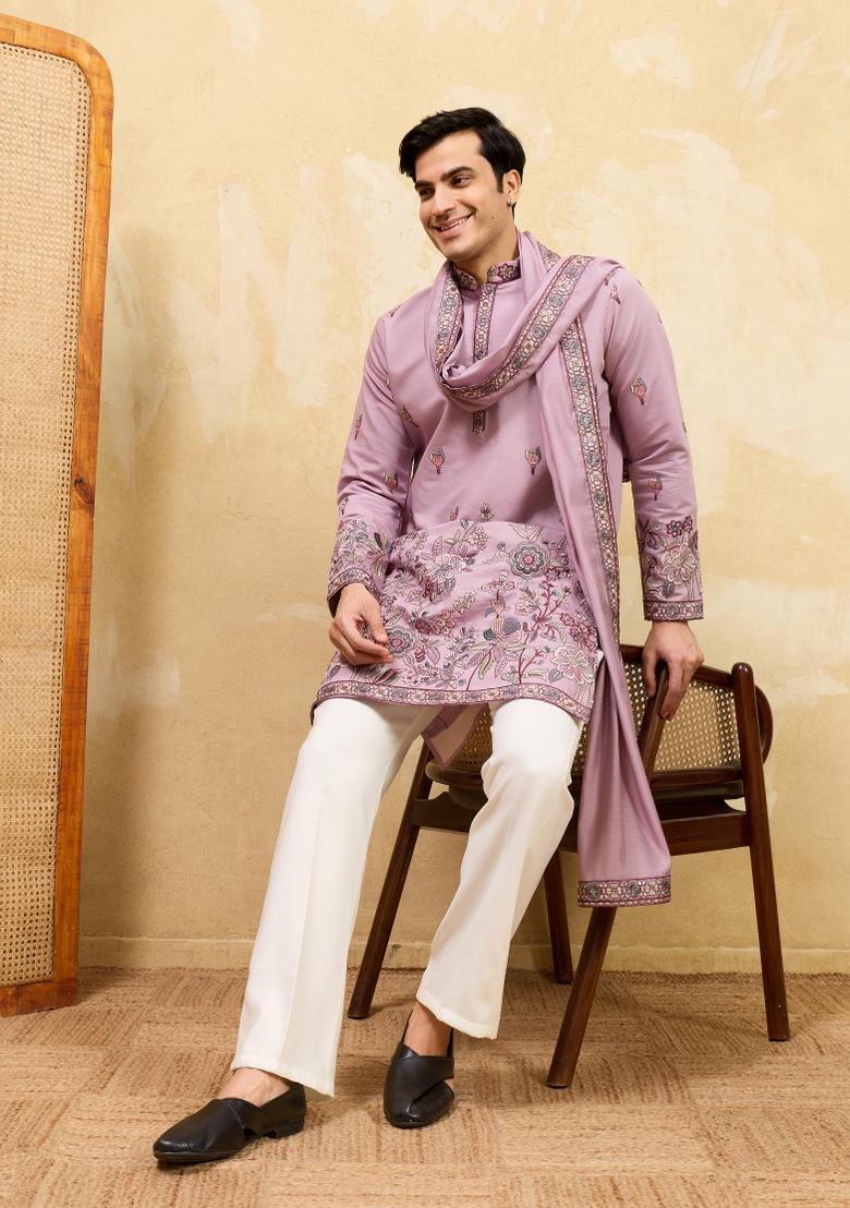 Pink Embroidered Silk Blend Kurta With Dupatta For Men - Indya
