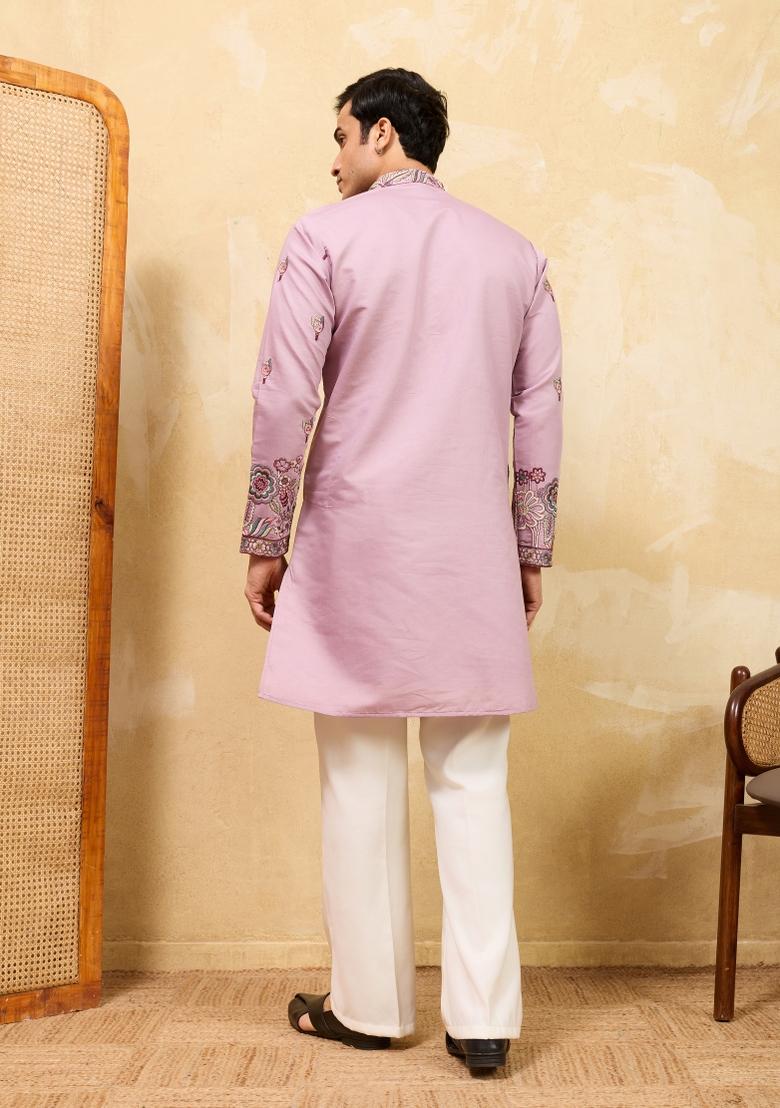 Pink Embroidered Silk Blend Kurta With Dupatta For Men - Indya