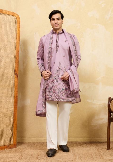 Pink Embroidered Silk Kurta With Dupatta For Men