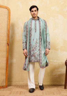 Pista Green Embroidered Silk Blend Kurta With Dupatta For Men