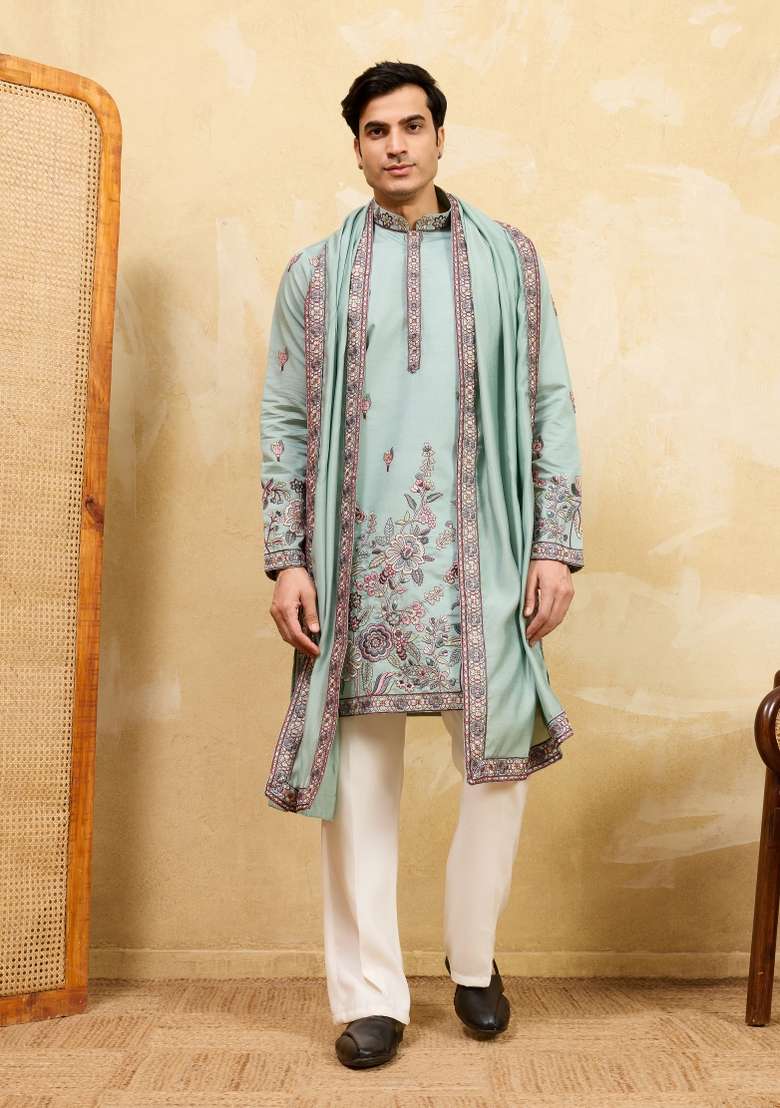 Pista Green Embroidered Silk Blend Kurta With Dupatta For Men - Indya