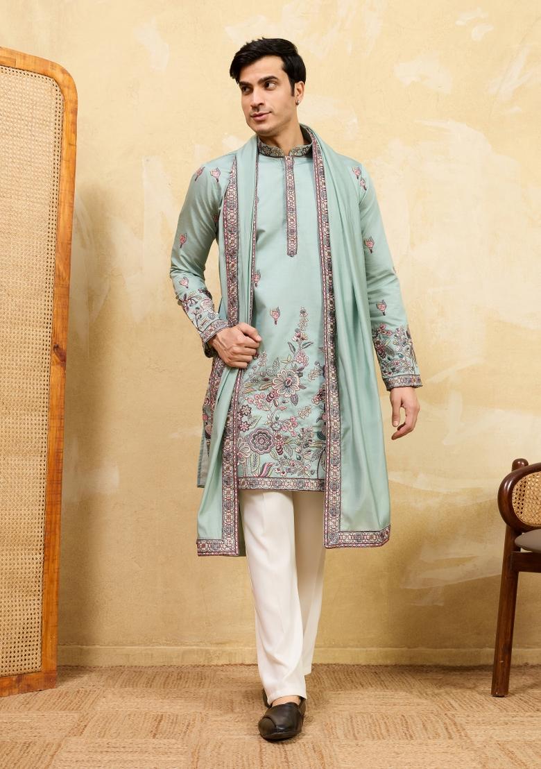 Pista Green Embroidered Silk Blend Kurta With Dupatta For Men - Indya