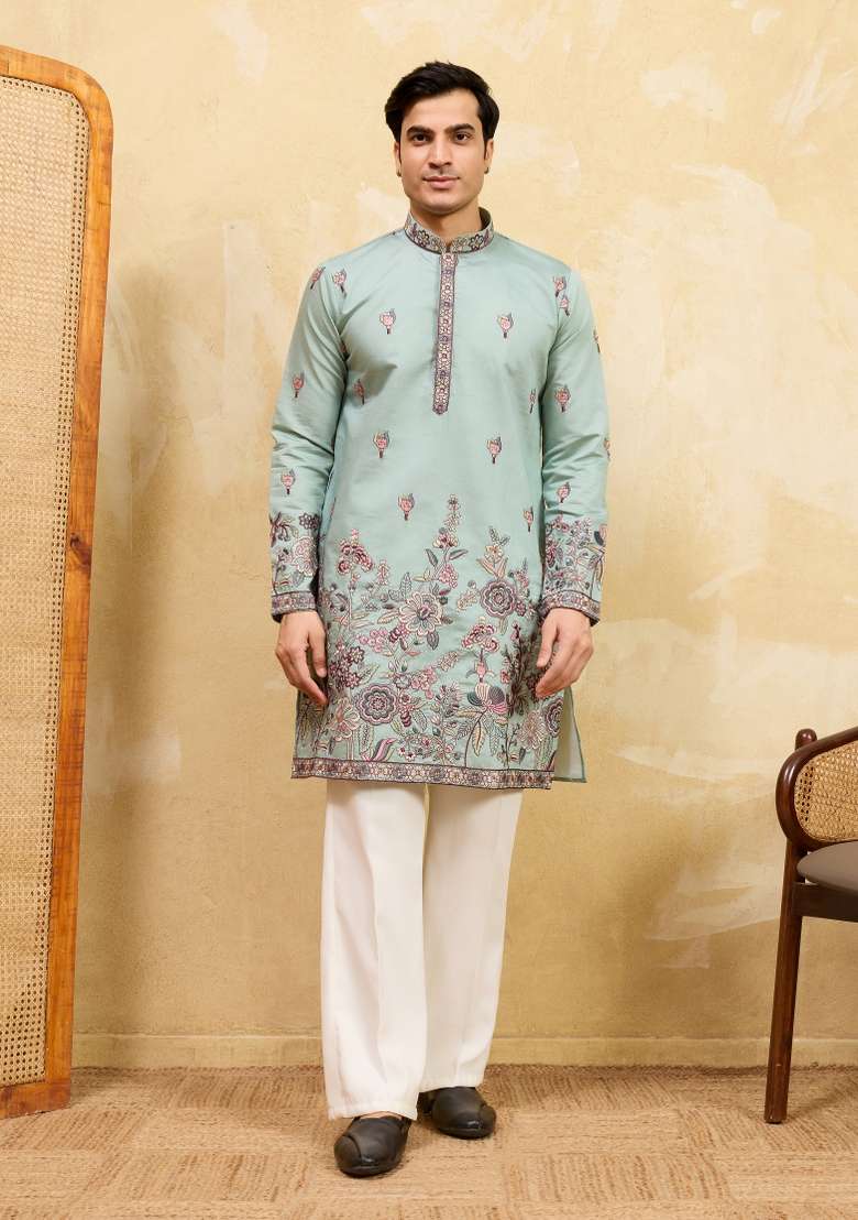 Pista Green Embroidered Silk Blend Kurta With Dupatta For Men - Indya