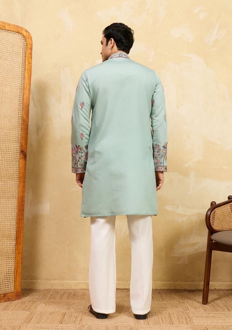 Pista Green Embroidered Silk Blend Kurta With Dupatta For Men - Indya