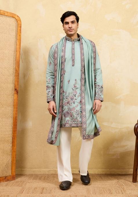 Pista Green Embroidered Silk Kurta With Dupatta For Men