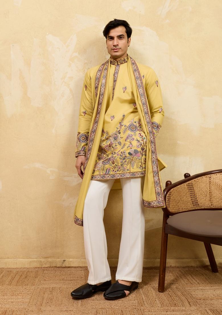 Yellow Embroidered Silk Blend Kurta With Dupatta For Men - Indya