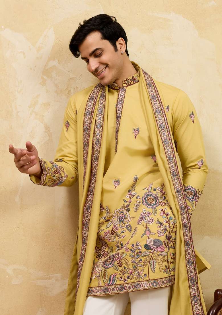 Yellow Embroidered Silk Blend Kurta With Dupatta For Men - Indya