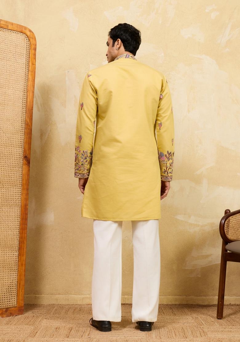 Yellow Embroidered Silk Blend Kurta With Dupatta For Men - Indya