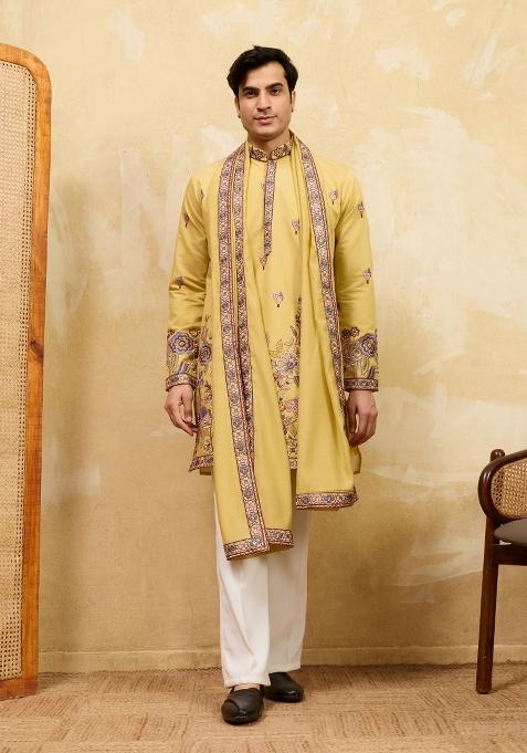 Yellow Embroidered Silk Kurta With Dupatta For Men