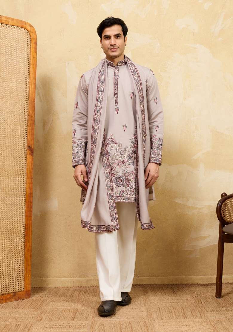 Ivory Embroidered Silk Kurta With Dupatta For Men - Indya